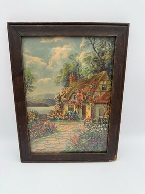 Framed Cottage Landscape Print with Floral Garden